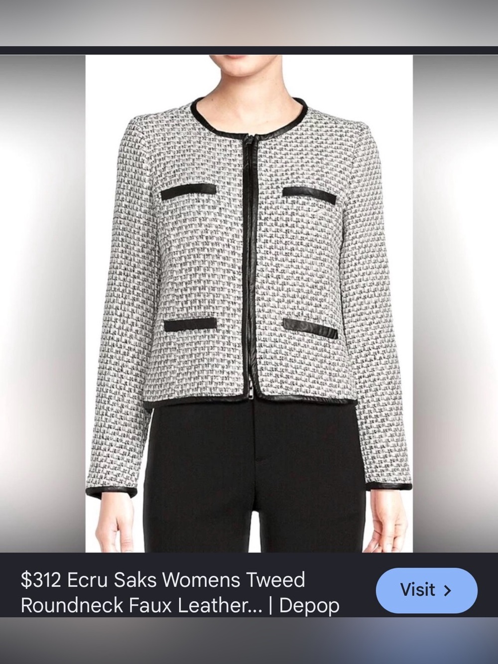 Ecru and Black Tweed Roundneck Blazer Jacket